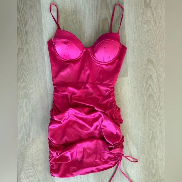 oh polly pink satin dress Satin Square-Neck Corset Faux-Fur Mini Dress in Blush Pink - 4